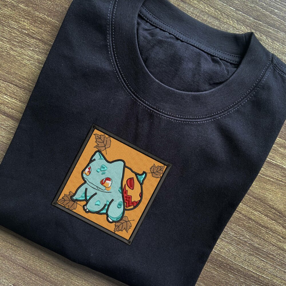 Bulbasaur Pumpkin Art Embroidered Black T shirt (1) Thumbnails T shirt Gallery 2