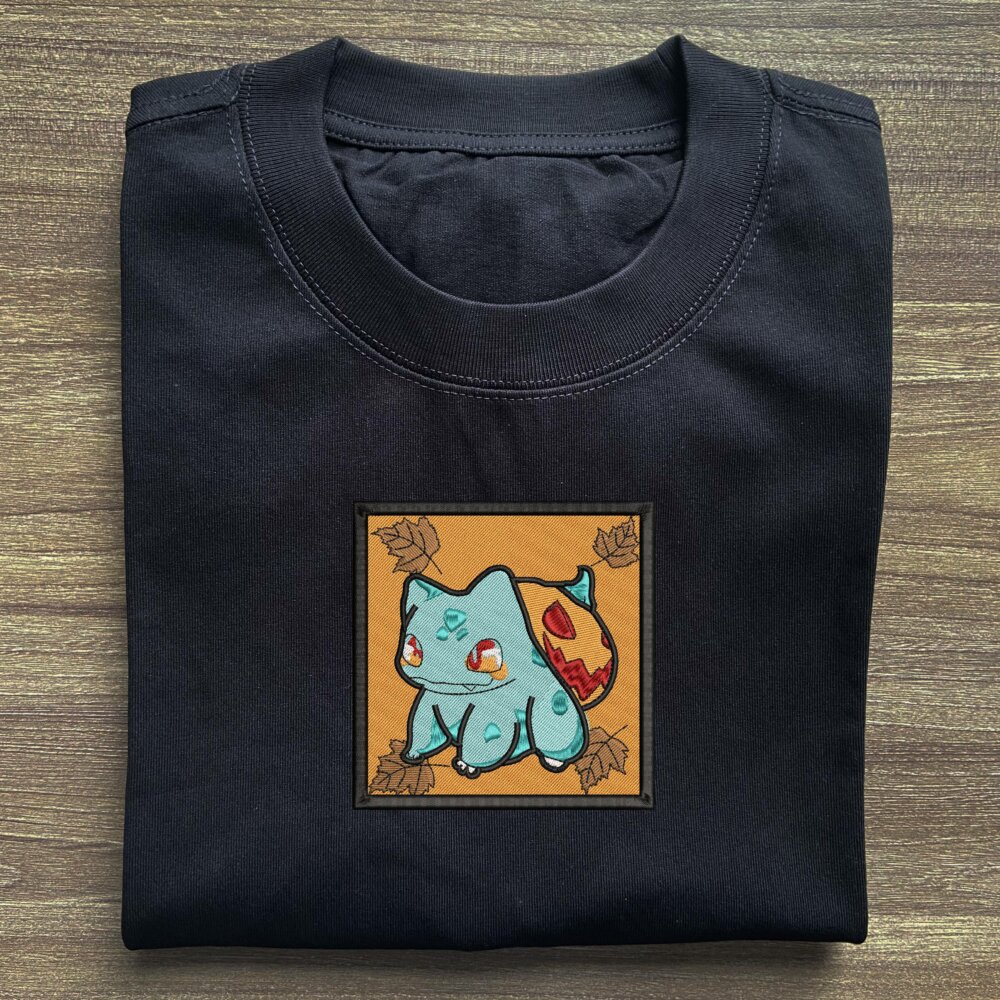 Bulbasaur Pumpkin Art Embroidered Black T shirt (2) Main Thumbnails T shirt