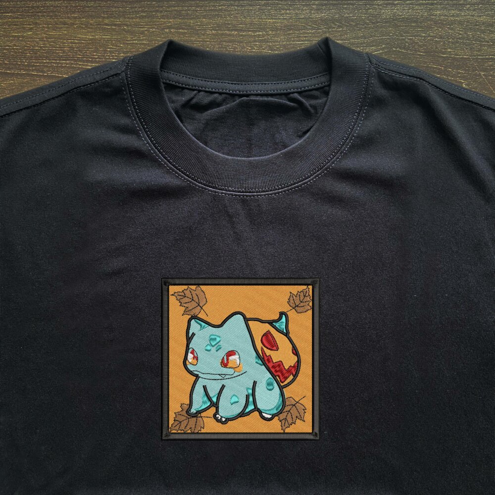 Bulbasaur Pumpkin Art Embroidered Black T shirt (3) Thumbnails T shirt Gallery