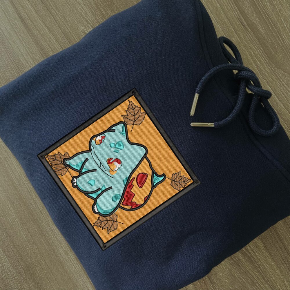 Bulbasaur Pumpkin Art Embroidered Hoodie Navy (2)