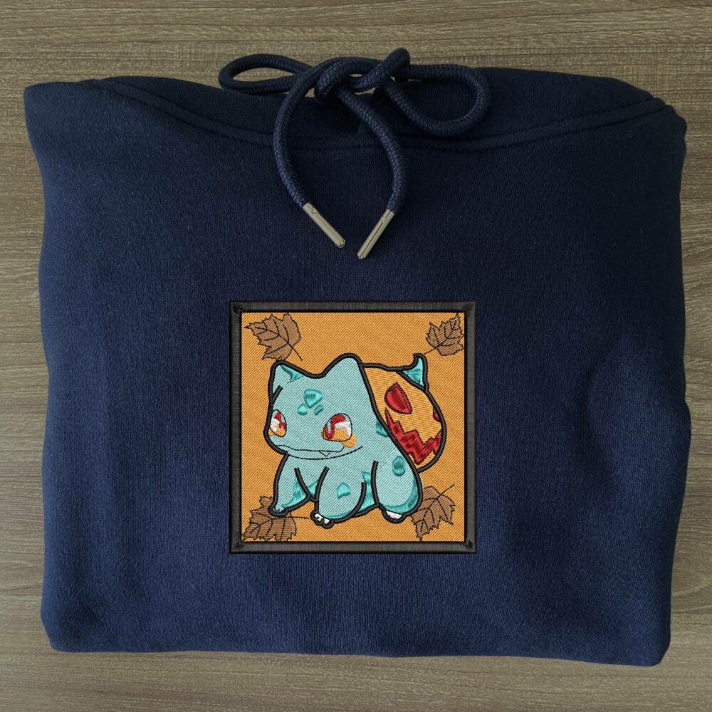 Bulbasaur Pumpkin Art Embroidered Hoodie Navy (3)