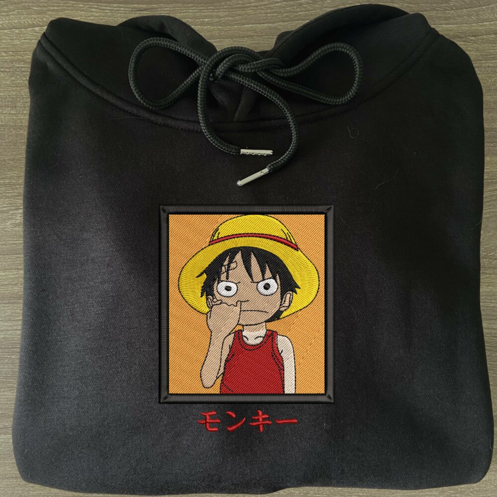 Funny luffy Art Embroidere Hoodie Black (2)