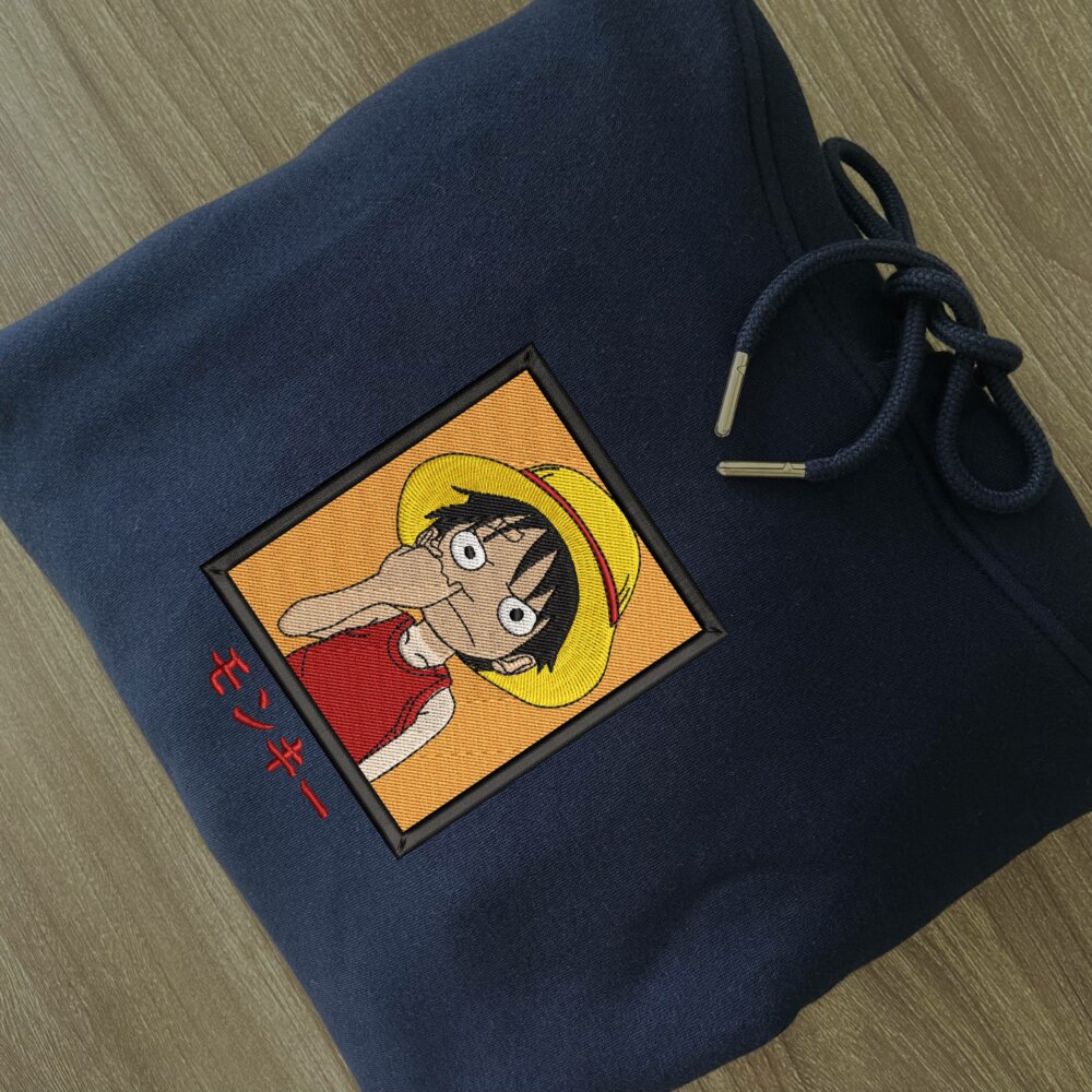 Funny luffy Art Embroidere Hoodie Navy (2)