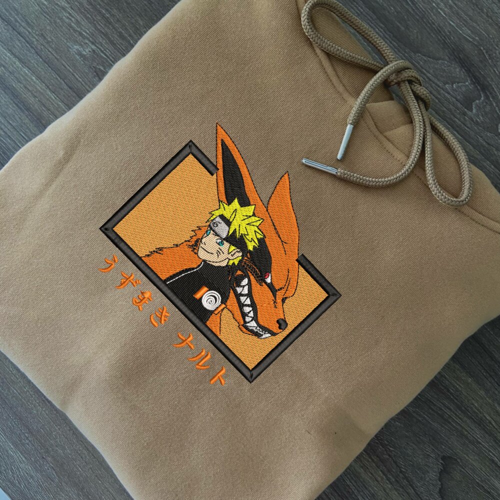 Kurama naruto Art Embroidered Hoodie Sand (3)