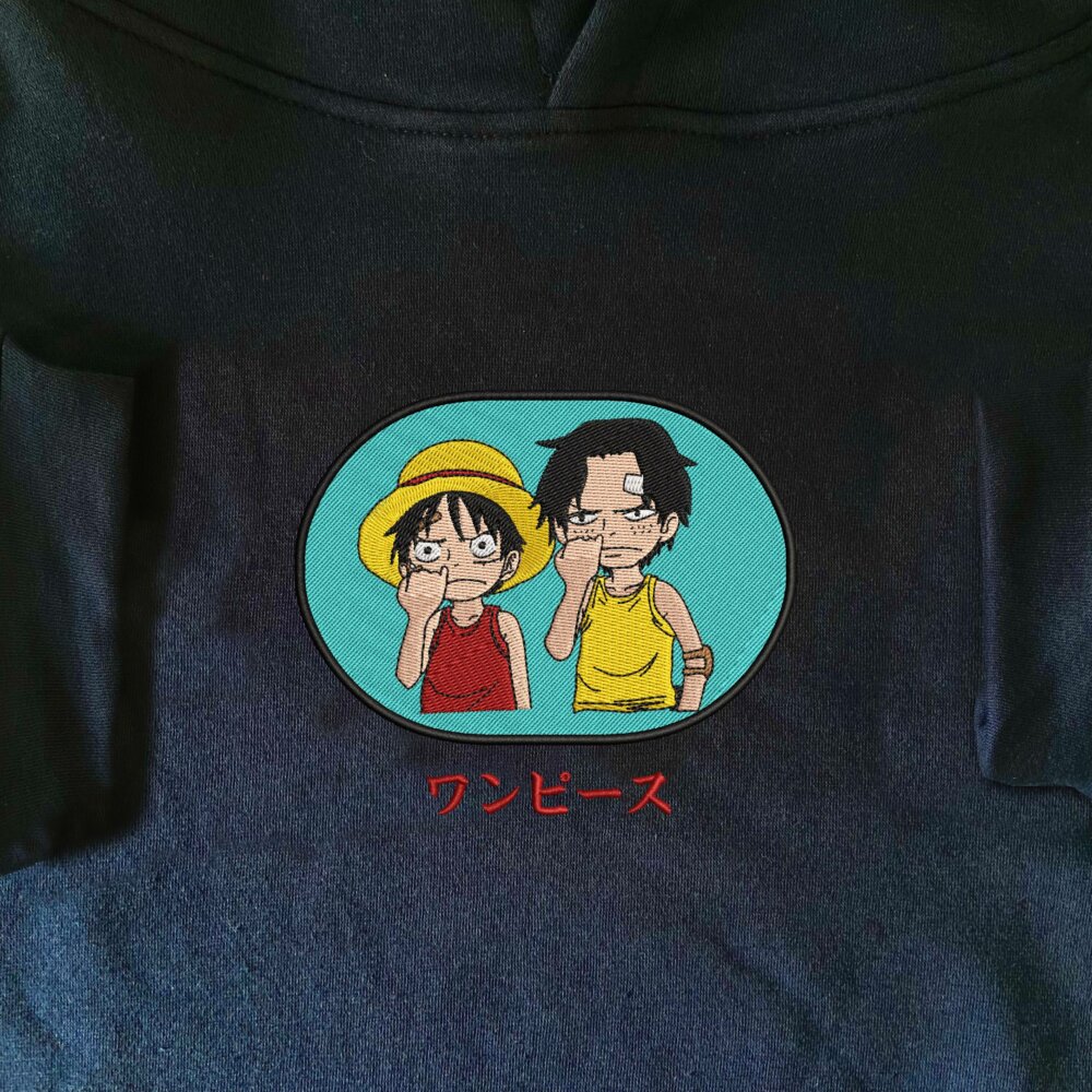 Luffy And Ace Art Embroidered Hoodie Navy (1)