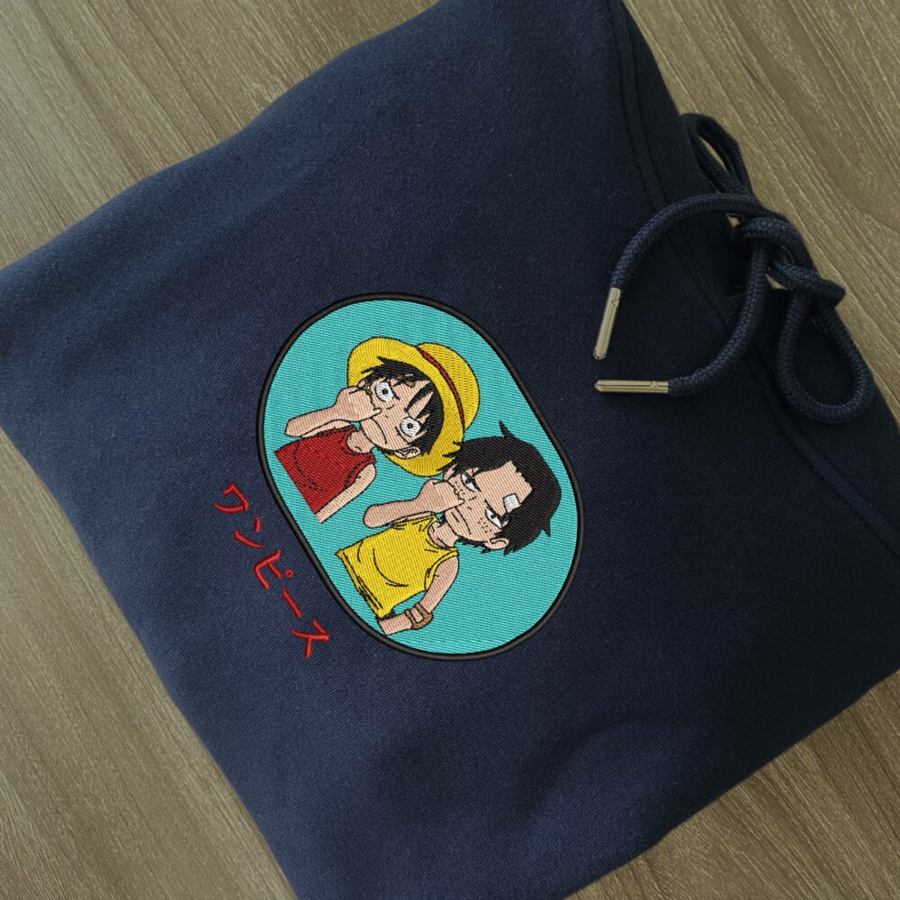 Luffy And Ace Art Embroidered Hoodie Navy (2)