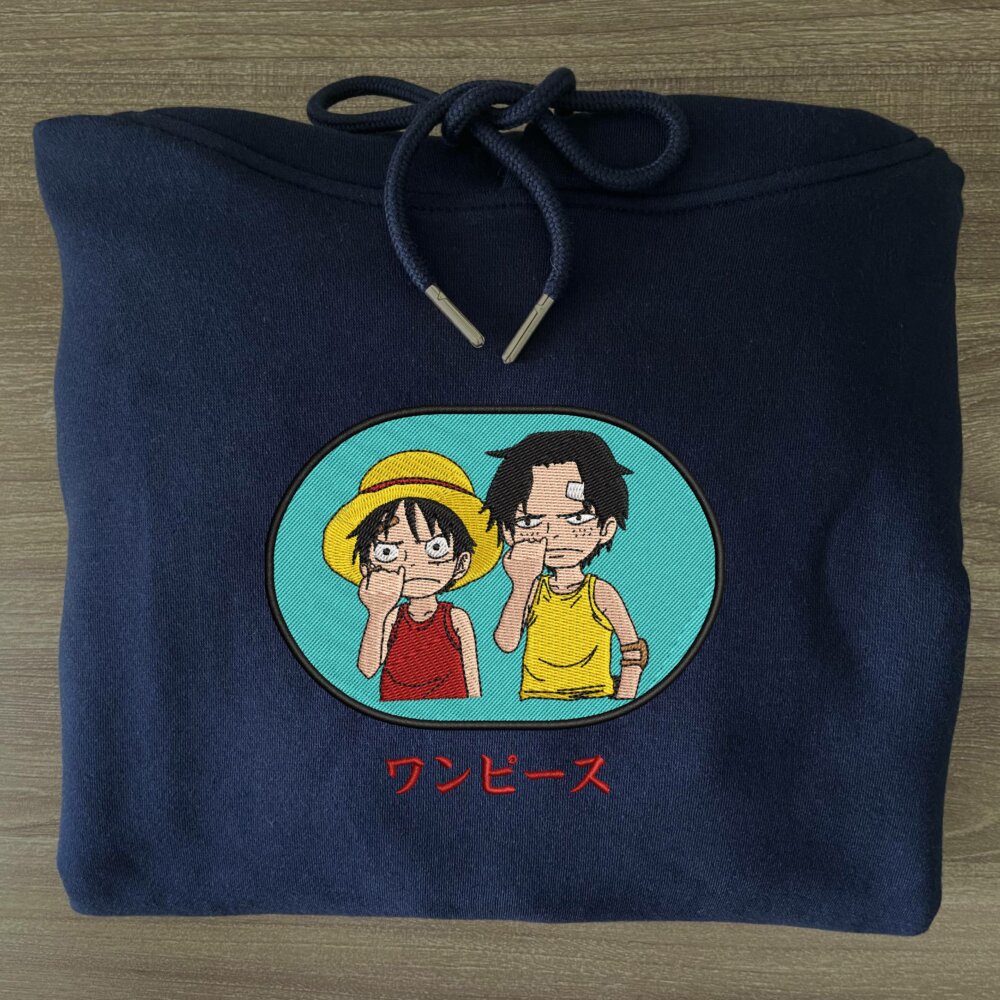 Luffy And Ace Art Embroidered Hoodie Navy (3)