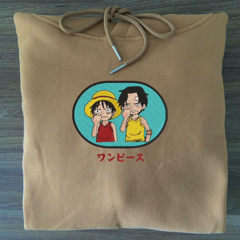 Luffy And Ace Art Embroidered Hoodie Sand (3)