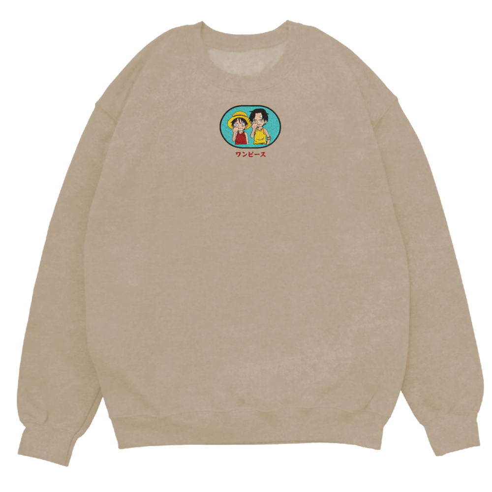 Luffy And Ace Art Embroidered Sweatshirt Sand