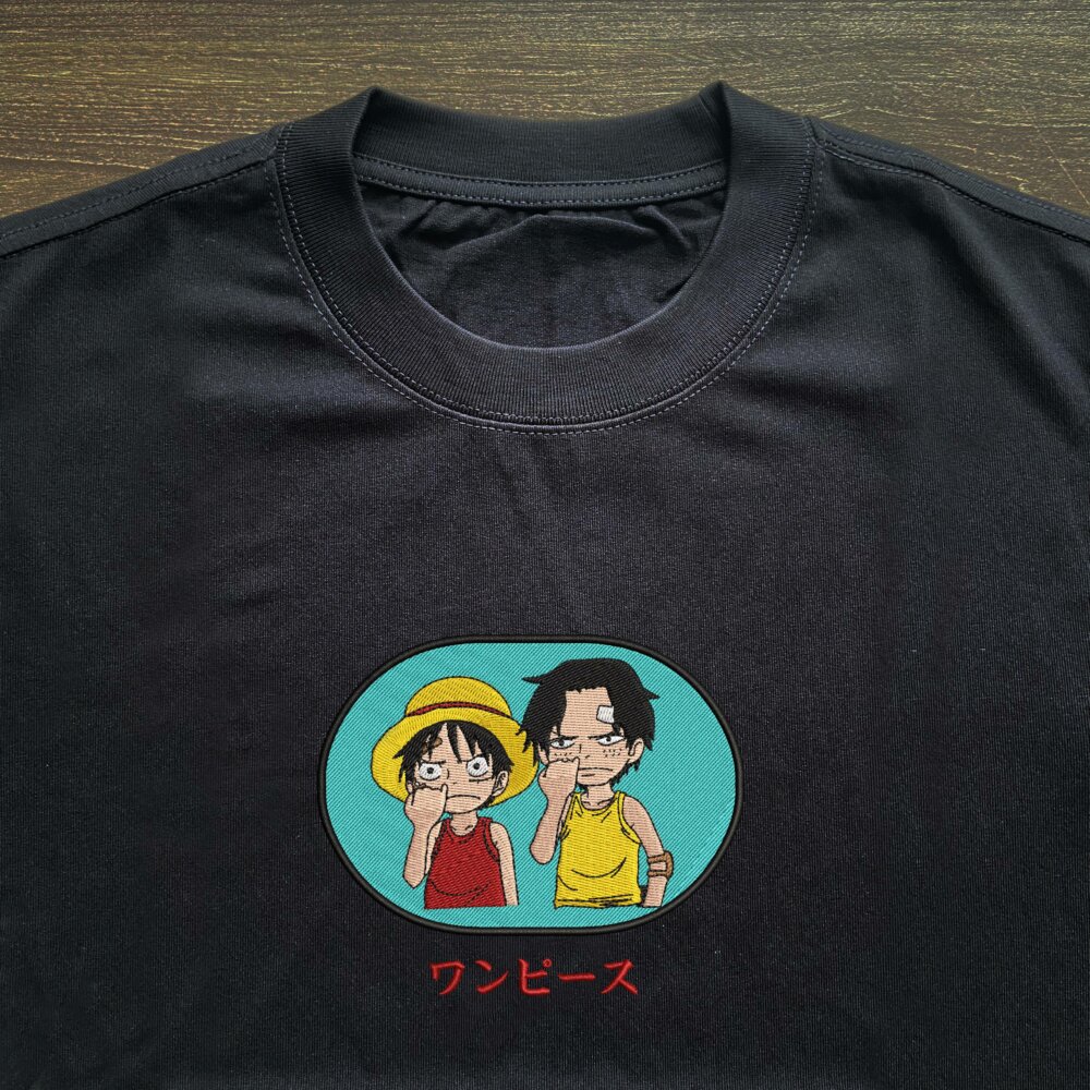 Luffy And Ace Art Embroidered T shirt Black (3) Thumbnails T shirt Gallery