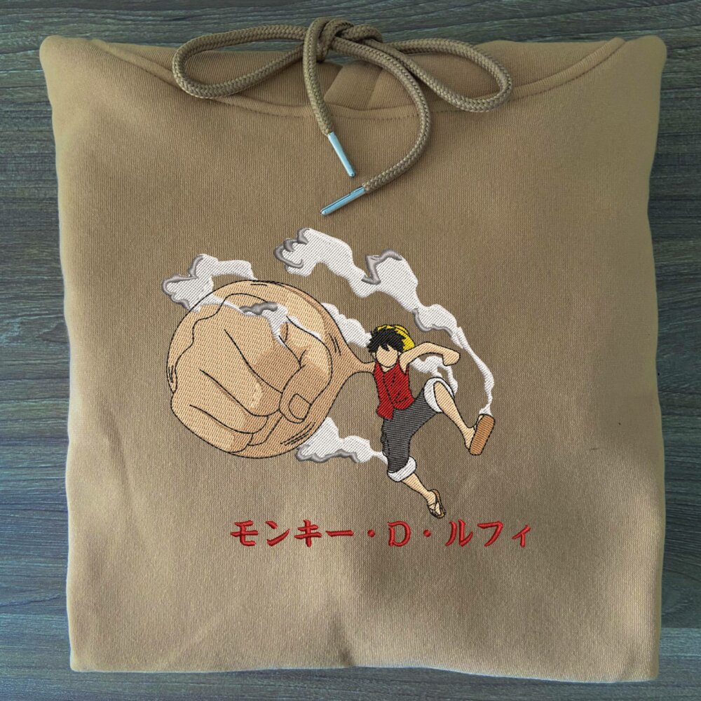 Luffy Big Hand Art Embroidered Hoodie Sand (4)