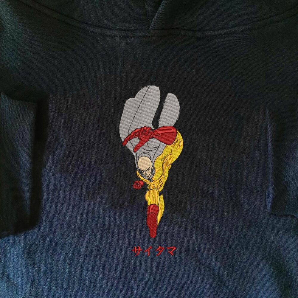 One Punch Man Art Embroidered Hoodie Navy (1)