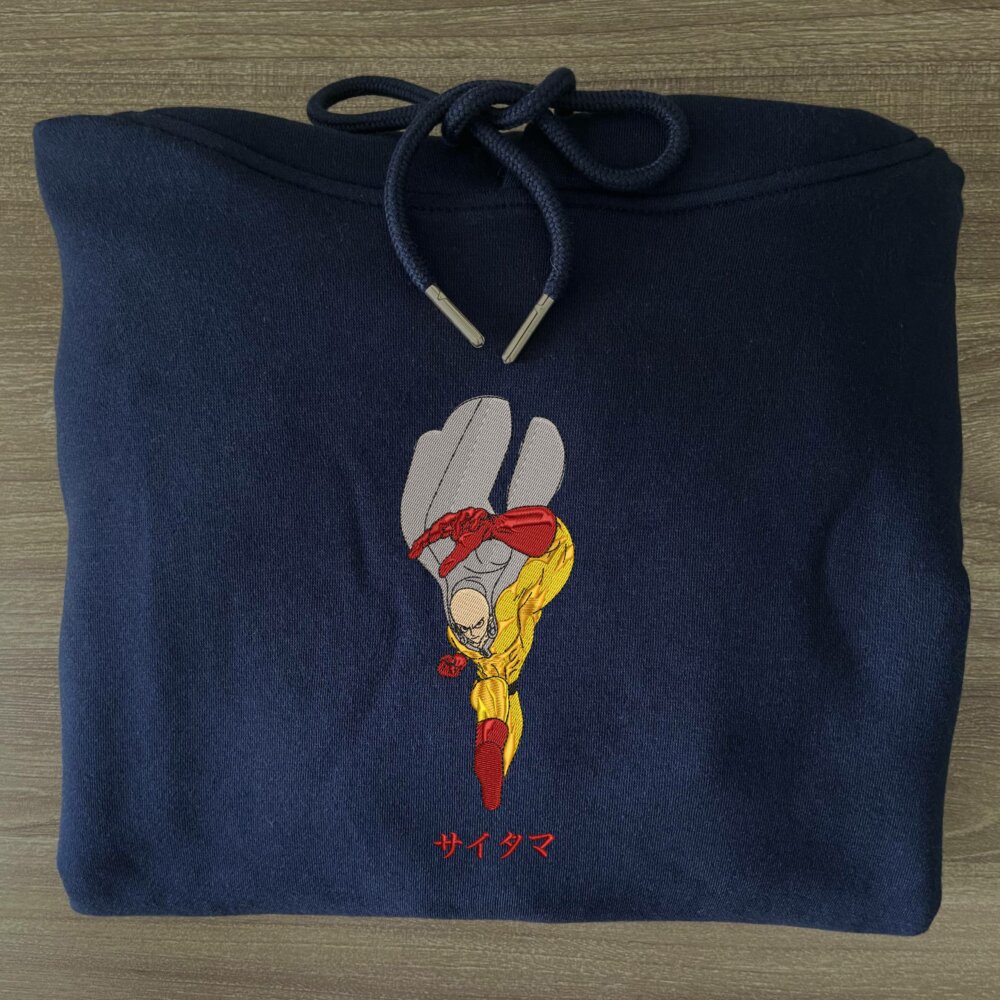 One Punch Man Art Embroidered Hoodie Navy (3)