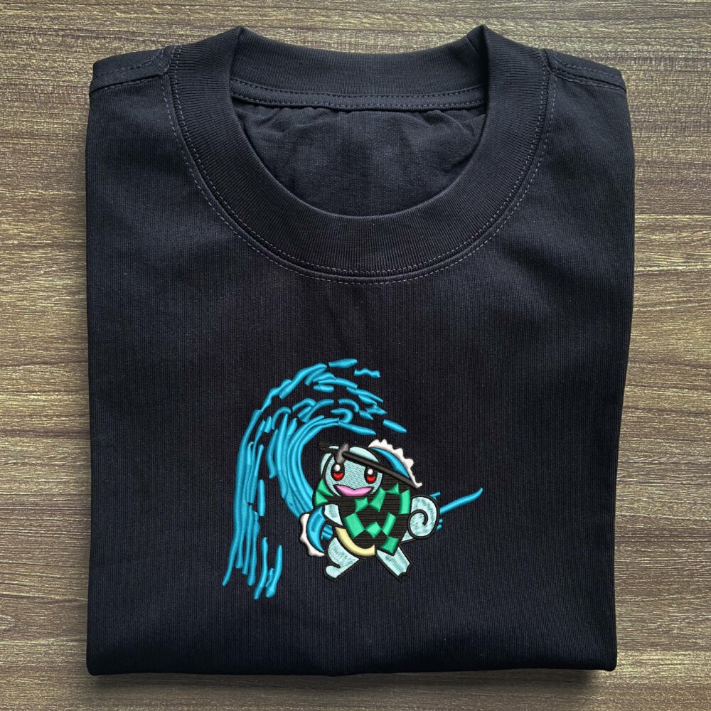 Squirtle Tanjiro Art Embroidered Black T shirt (1) Main Thumbnails T shirt